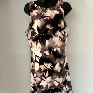 Ellen Tracy Woman 10 A Line Black Gray Floral Boho Sleeveless Embellished Dress